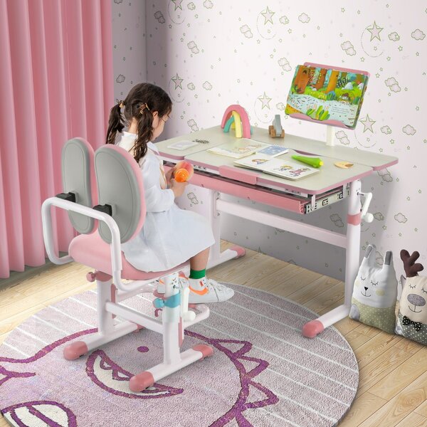 Costway Scrivania per bambini regolabile con piano inclinabile cassetto, Scrivania per bambini tavolo ergonomico Rosa
