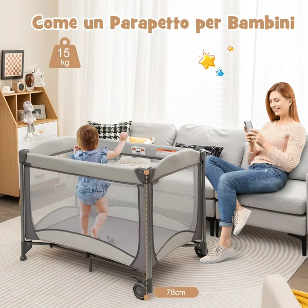Costway Culla da viaggio pieghevole per neonati con fasciatoio, Lettino a ruote multifunzionale 5 in 1 portata 15kg Grigio
