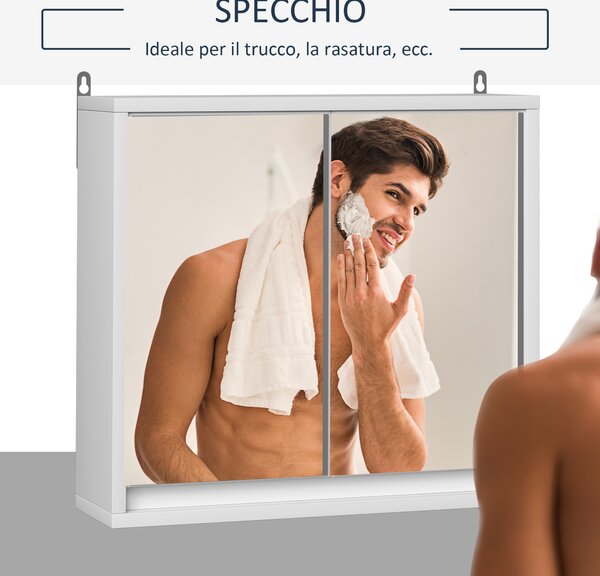 Homcom Mobile Specchiera Bagno a Parete, Armadietto con Ripiano Regolabile e Doppia Porta a Vetro, Bianco, 48x14.5x45cm|Aosom ital