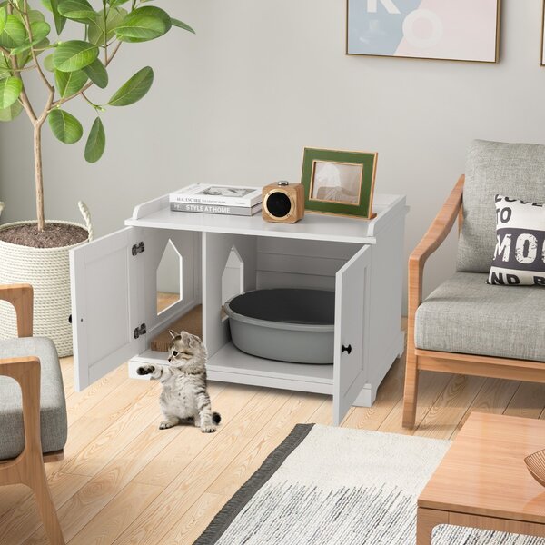 Costway Recinto lettiera per gatti con tira graffi ingresso reversibile, Mobile moderno per animali domestici Bianco