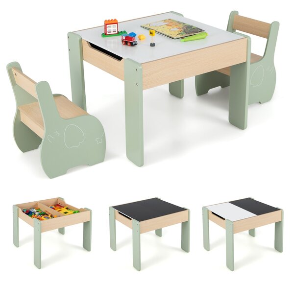 Costway Set di tavolo e sedie per bambini con deposito lavagna rimovibile, Set di mobili 3 PCS per ragazzi e ragazze Verde
