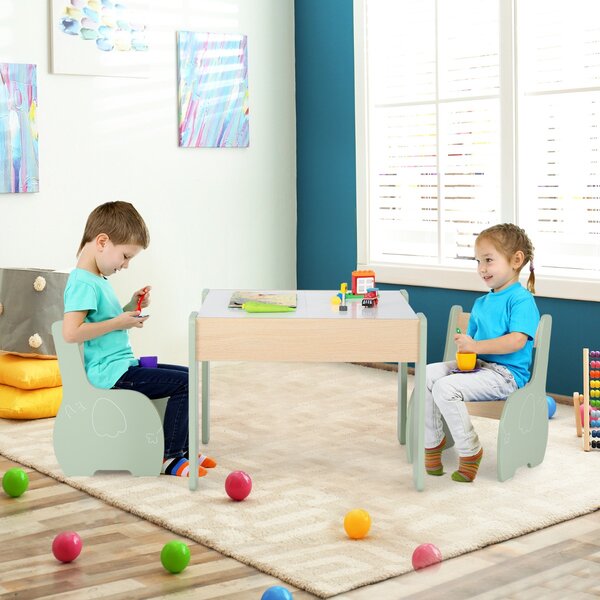 Costway Set di tavolo e sedie per bambini con deposito lavagna rimovibile, Set di mobili 3 PCS per ragazzi e ragazze Verde