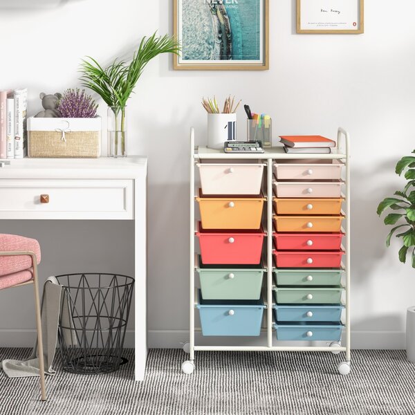 Costway Carrello con 15 cassetti estraibili e ruote con freno, Carrello multiuso per casa ufficio scuola Colorato 2