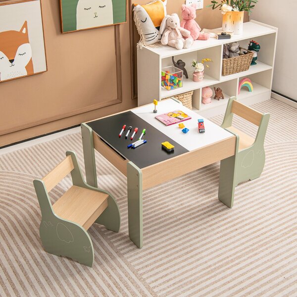 Costway Set di tavolo e sedie per bambini con deposito lavagna rimovibile, Set di mobili 3 PCS per ragazzi e ragazze Verde