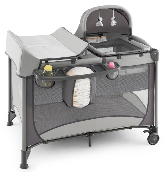 Costway Culla da viaggio pieghevole per neonati con fasciatoio, Lettino a ruote multifunzionale 5 in 1 portata 15kg Grigio