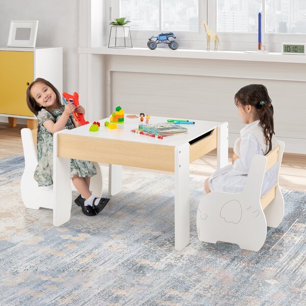 Costway Set di tavolo e sedie per bambini con deposito lavagna rimovibile, Set di mobili 3 PCS per ragazzi e ragazze Bianco