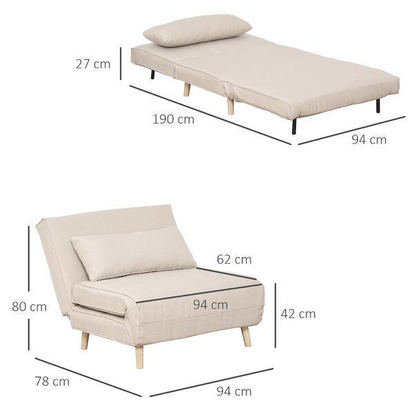 HOMCOM Poltrona Moderno Letto 3 in 1 con Schienale Reclinabile in 6 Posizioni, L'imbottitura spessa e cuscino, 94x78x80 cm, Beige | Aosom Italy