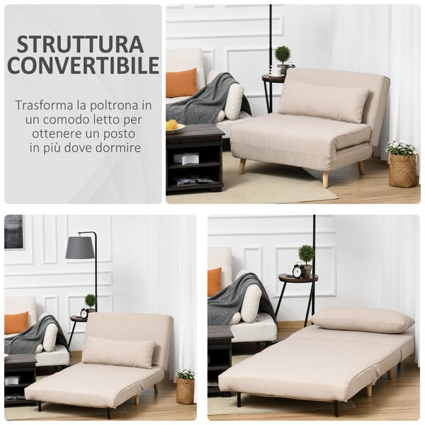 HOMCOM Poltrona Moderno Letto 3 in 1 con Schienale Reclinabile in 6 Posizioni, L'imbottitura spessa e cuscino, 94x78x80 cm, Beige | Aosom Italy