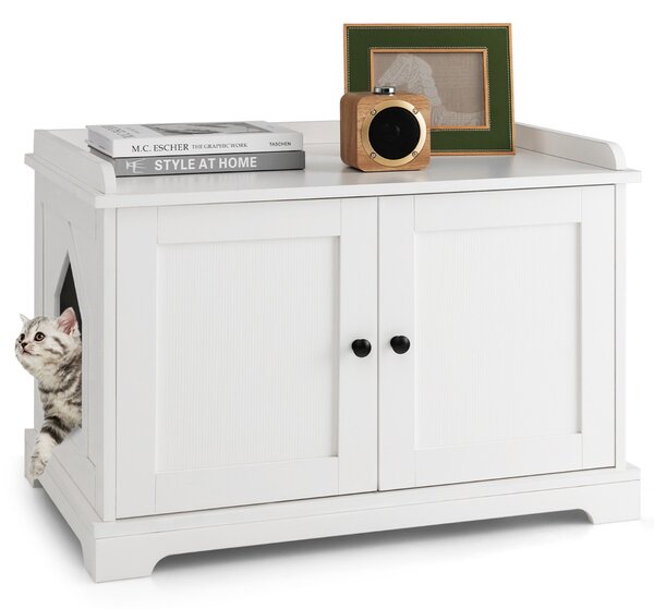 Costway Recinto lettiera per gatti con tira graffi ingresso reversibile, Mobile moderno per animali domestici Bianco