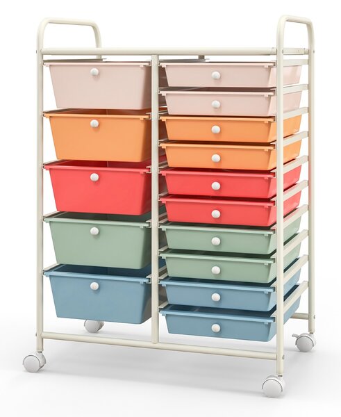 Costway Carrello con 15 cassetti estraibili e ruote con freno, Carrello multiuso per casa ufficio scuola Colorato 2