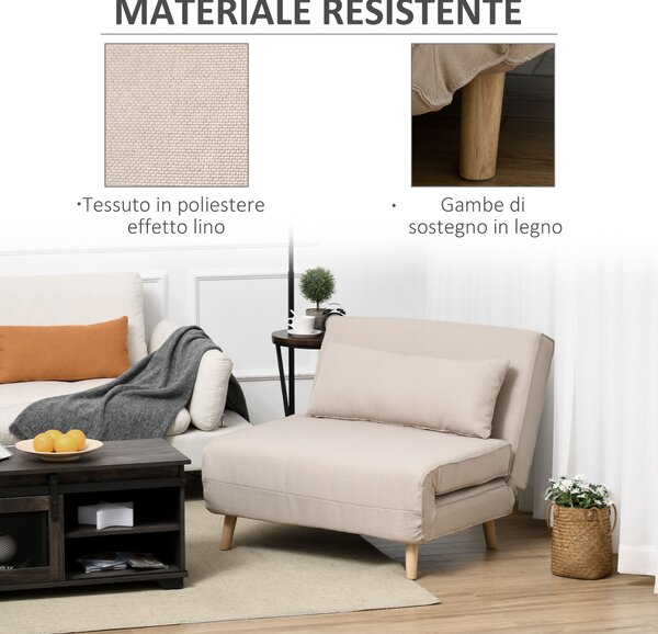 HOMCOM Poltrona Moderno Letto 3 in 1 con Schienale Reclinabile in 6 Posizioni, L'imbottitura spessa e cuscino, 94x78x80 cm, Beige | Aosom Italy