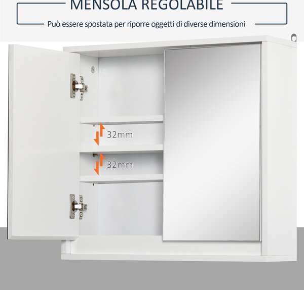 Homcom Mobile Specchiera Bagno a Parete, Armadietto con Ripiano Regolabile e Doppia Porta a Vetro, Bianco, 48x14.5x45cm|Aosom ital