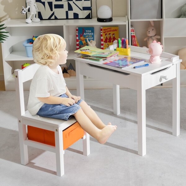 Costway Set tavolo e sedia per bambini in legno massello, Scrivania ribaltabile con sedia per stanza giochi asilo Bianco