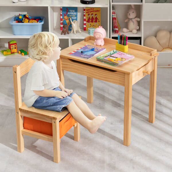 Costway Set tavolo e sedia per bambini in legno massello, Scrivania ribaltabile con sedia per stanza giochi asilo Naturale