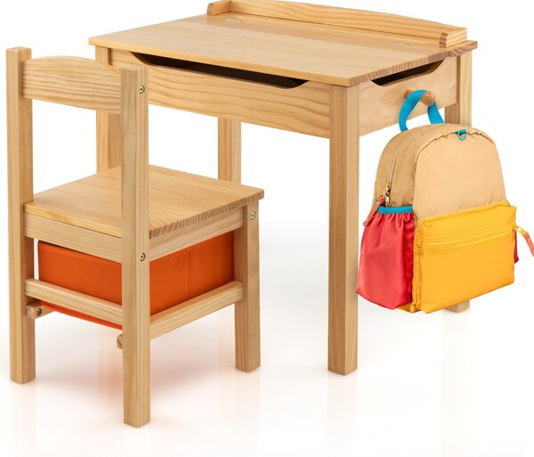 Costway Set tavolo e sedia per bambini in legno massello, Scrivania ribaltabile con sedia per stanza giochi asilo Naturale