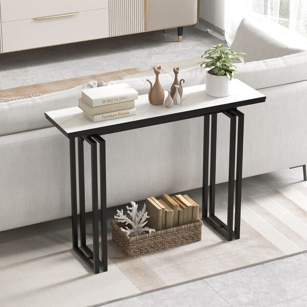 Costway Consolle 110cm con piano in finto marmo e struttura in metallo per impieghi gravosi, Tavolino lungo per divano Nero