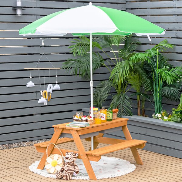 Costway Tavolo picnic per bambini con ombrellone rimovibile e regolabile panche in legno, Tavolino da interno esterno Verde