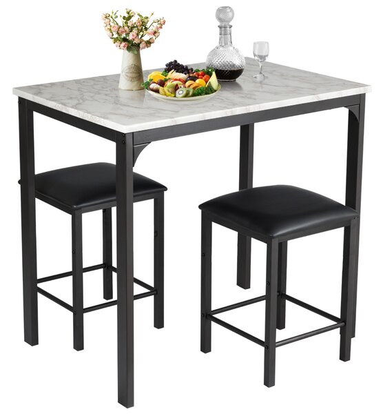 Costway Set tavolo con 2 sgabelli senza schienale in similpelle, Set di mobili da 3 pezzi per sala da pranzo Bianco