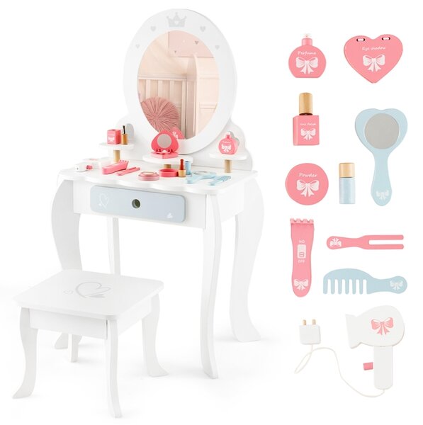 Costway Set di tavolo trucco e sgabello per bambine con specchio rimovibile cassetto, Toeletta trucco bambina 2 in 1 Bianco