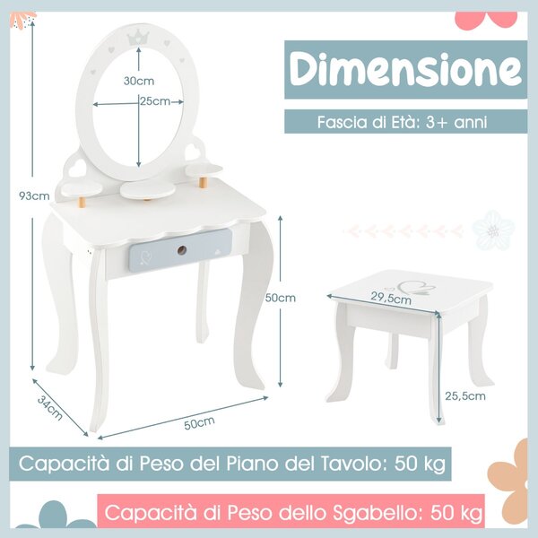 Costway Set di tavolo trucco e sgabello per bambine con specchio rimovibile cassetto, Toeletta trucco bambina 2 in 1 Bianco