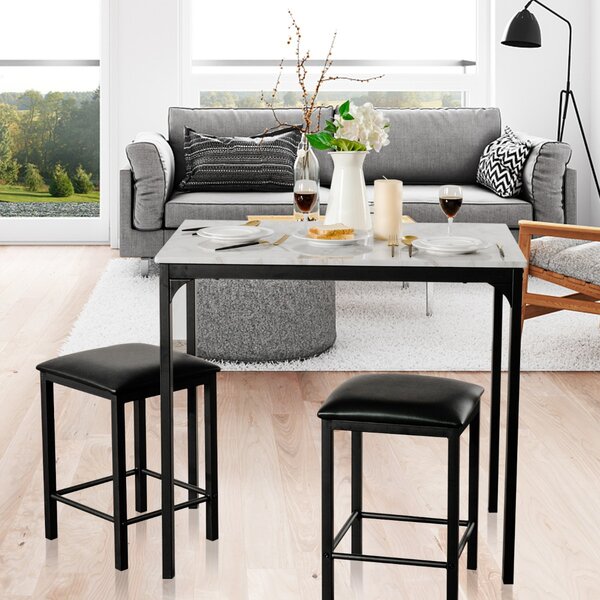 Costway Set tavolo con 2 sgabelli senza schienale in similpelle, Set di mobili da 3 pezzi per sala da pranzo Bianco