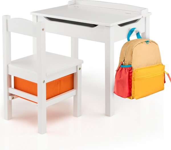 Costway Set tavolo e sedia per bambini in legno massello, Scrivania ribaltabile con sedia per stanza giochi asilo Bianco