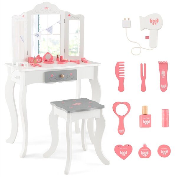 Costway Set tavolo trucco e sgabello per bambine con specchio trittico pieghevole cassetto, Toeletta trucco bambina Bianco