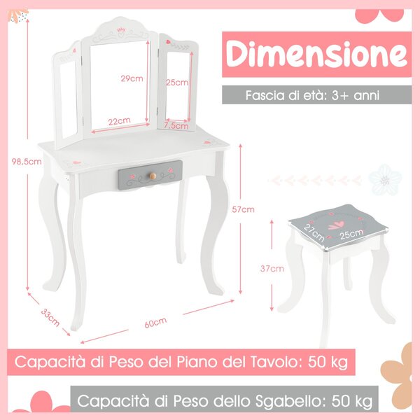 Costway Set tavolo trucco e sgabello per bambine con specchio trittico pieghevole cassetto, Toeletta trucco bambina Bianco