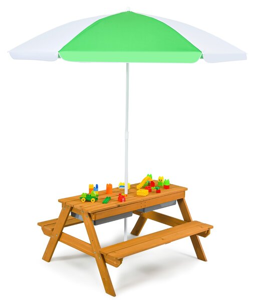Costway Tavolo picnic per bambini con ombrellone rimovibile e regolabile panche in legno, Tavolino da interno esterno Verde