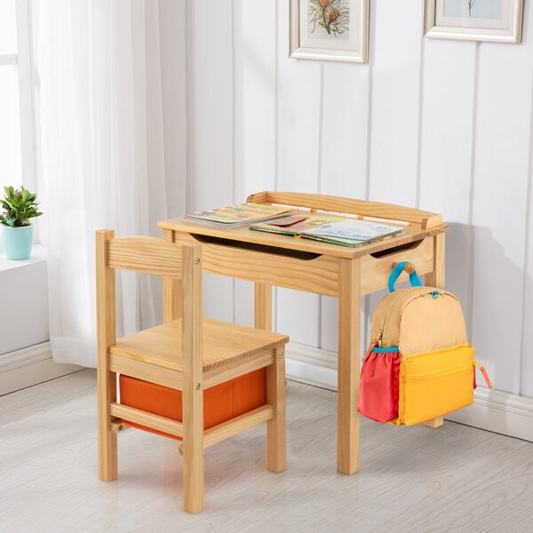 Costway Set tavolo e sedia per bambini in legno massello, Scrivania ribaltabile con sedia per stanza giochi asilo Naturale