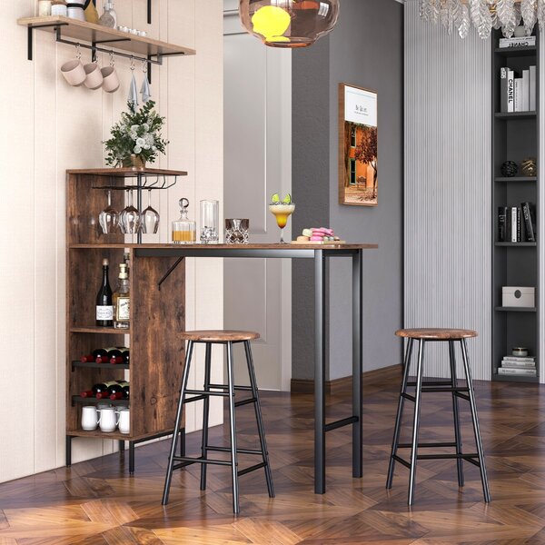 Costway Set di tavolo sedie da bar con porta calici 6 portabottiglie da vino, Tavolo sgabelli da pub industriale Caffè
