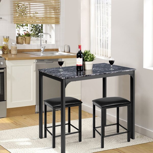 Costway Set tavolo con 2 sgabelli senza schienale in similpelle, Set di mobili da 3 pezzi per sala da pranzo Nero