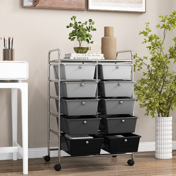 Costway Carrello a 10 cassetti multiuso con ruote, Organizzatore per carta da scrapbooking e utensili da ufficio Nero e argento