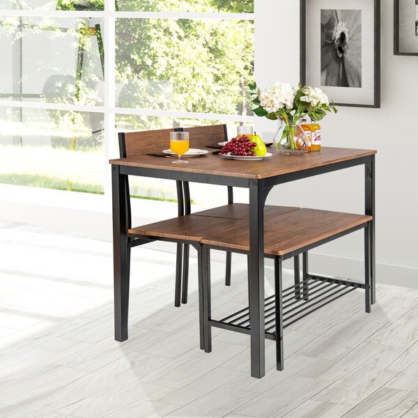 Costway Set tavolo e sedie da cucina 4 pezzi, Tavolo da pranzo con 2 sedie e 1 panca telaio e ripiano metallici Noce