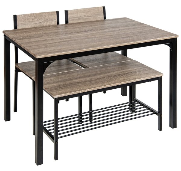 Costway Set tavolo e sedie da cucina 4 pezzi, Tavolo da pranzo con 2 sedie e 1 panca telaio e ripiano metallici Grigio