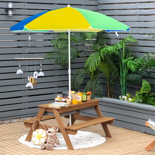 Costway Tavolo picnic per bambini con ombrellone rimovibile e regolabile panche in legno, Tavolino da interno esterno Giallo