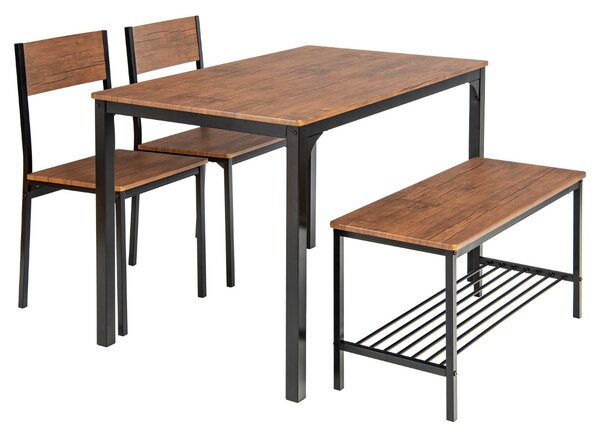 Costway Set tavolo e sedie da cucina 4 pezzi, Tavolo da pranzo con 2 sedie e 1 panca telaio e ripiano metallici Noce
