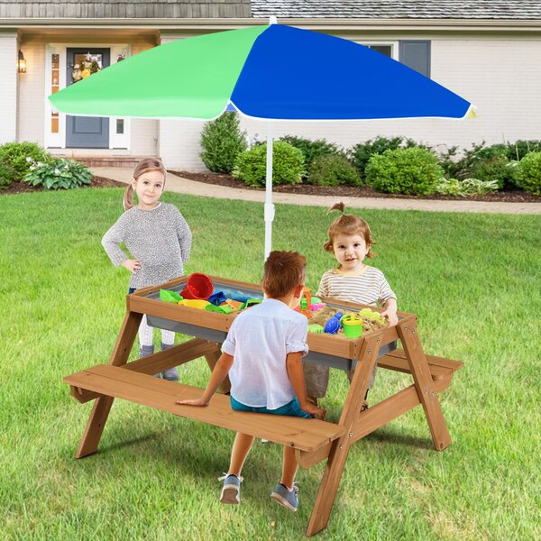 Costway Tavolo picnic per bambini con ombrellone rimovibile e regolabile panche in legno, Tavolino da interno esterno Giallo