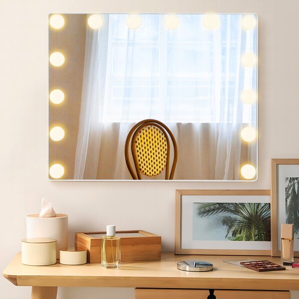 Costway Specchio rettangolare per il trucco con 3 modalità di illuminazione, Specchio da tavolo e da parete con 14 luci LED