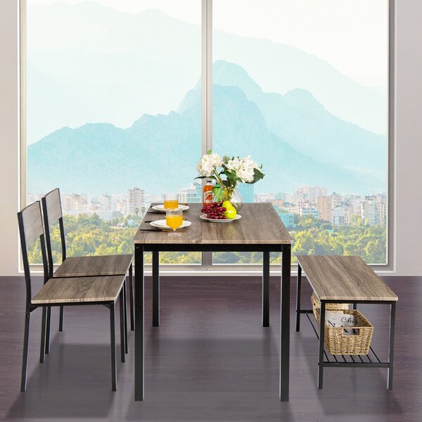 Costway Set tavolo e sedie da cucina 4 pezzi, Tavolo da pranzo con 2 sedie e 1 panca telaio e ripiano metallici Grigio