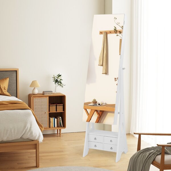 Costway Armadio portagioie con specchio a figura intera luci LED mensola per trucco pieghevole, Armadietto per gioielli Bianco