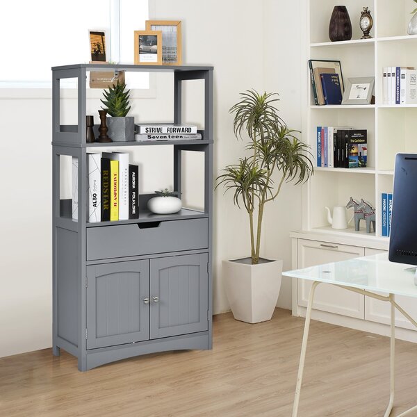 Costway Armadietto in legno da cucina con cassetto e mensola, Armadio con 2 ante multiuso per cucina e soggiono Grigio