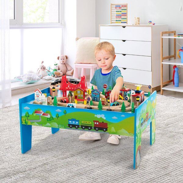 Costway Set di trenini in legno con tavolo reversibile e staccabile cassetto capiente, Tavolo da gioco per bambini 80 Pezzi