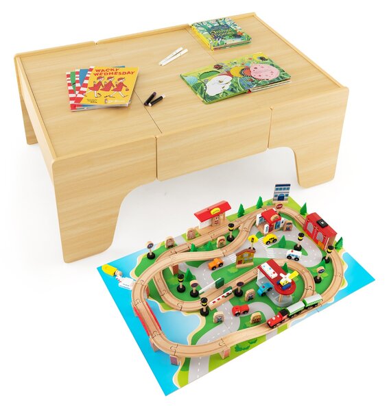 Costway Set di trenini in legno con tavolo reversibile e staccabile cassetto capiente, Tavolo da gioco per bambini 84 Pezzi