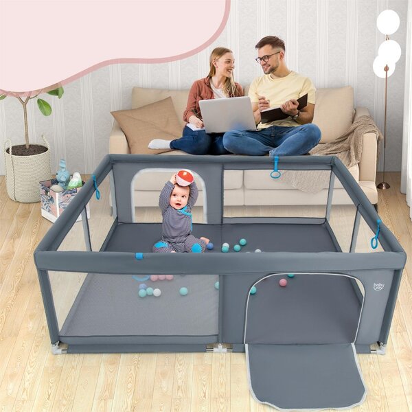 Costway Recinto da gioco per bambini con rete traspirante maniglie palline oceaniche, Parco giochi 200x180x68cm Grigio