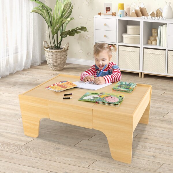Costway Set di trenini in legno con tavolo reversibile e staccabile cassetto capiente, Tavolo da gioco per bambini 84 Pezzi