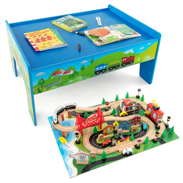 Costway Set di trenini in legno con tavolo reversibile e staccabile cassetto capiente, Tavolo da gioco per bambini 80 Pezzi