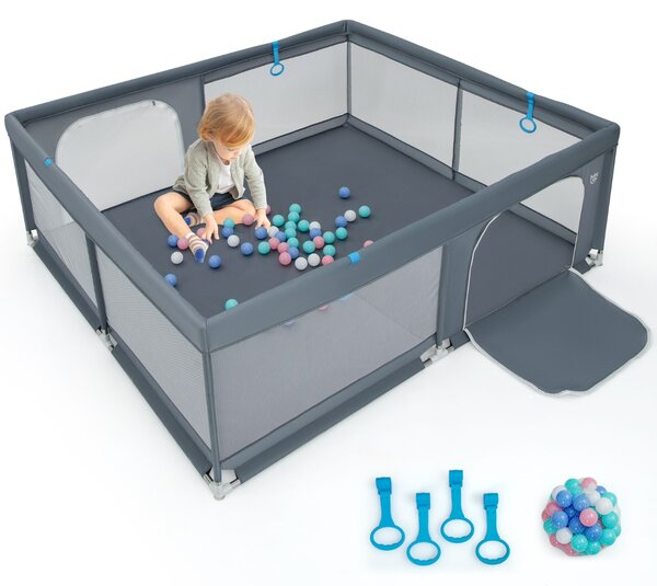 Costway Recinto da gioco per bambini con rete traspirante maniglie palline oceaniche, Parco giochi 200x180x68cm Grigio