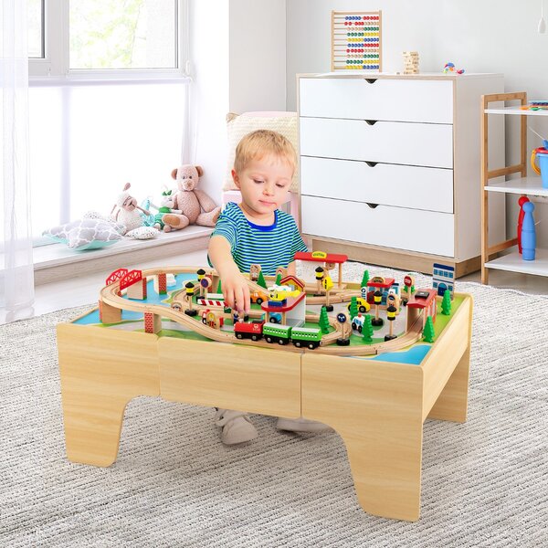 Costway Set di trenini in legno con tavolo reversibile e staccabile cassetto capiente, Tavolo da gioco per bambini 84 Pezzi