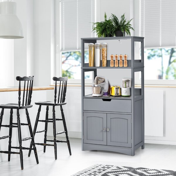 Costway Armadietto in legno da cucina con cassetto e mensola, Armadio con 2 ante multiuso per cucina e soggiono Grigio